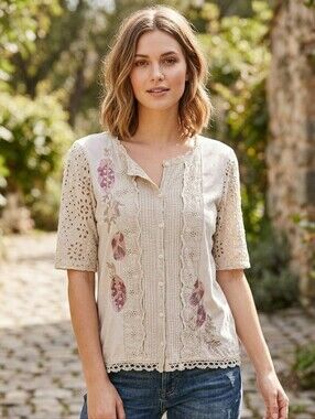 Johnny Was Cream Lace-Trim Button Front Blouse with Pink Floral Embroidery